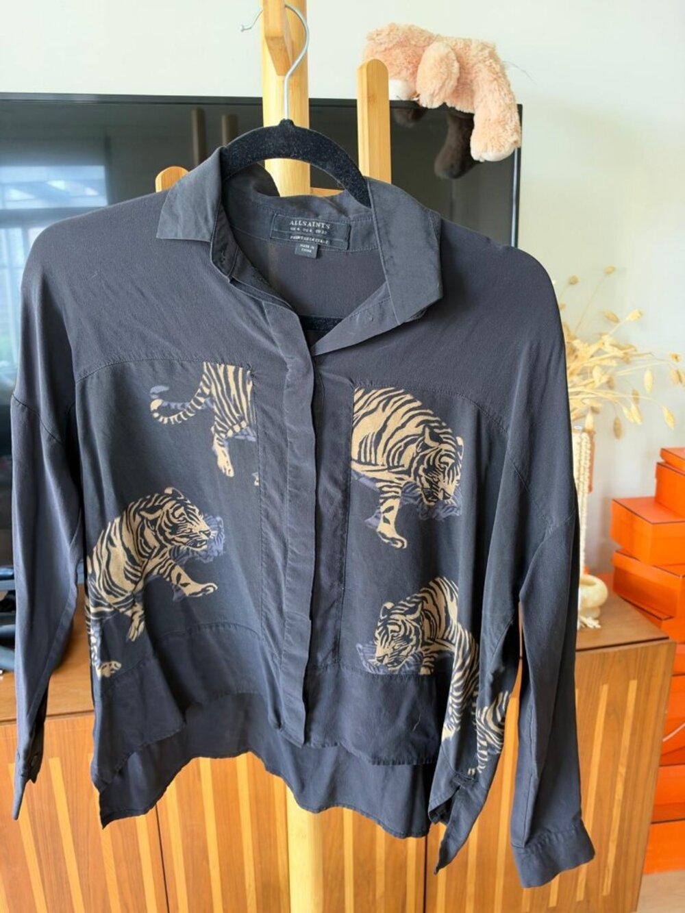 AllSaints Navy Tiger Print Button Up Shirt Womens 0